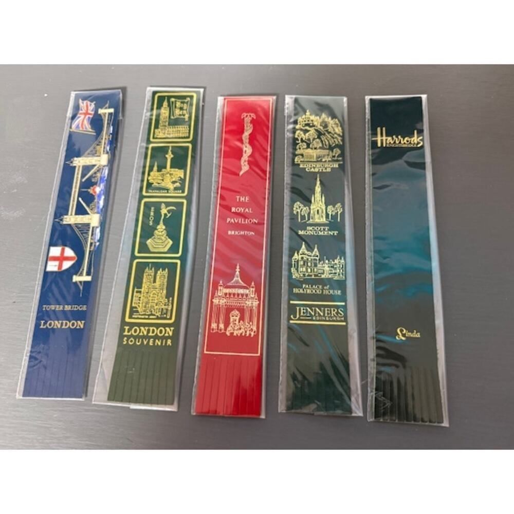 5 Vintage UK leather bookmarks Edinburgh, London Bridge, Harrods Jenners